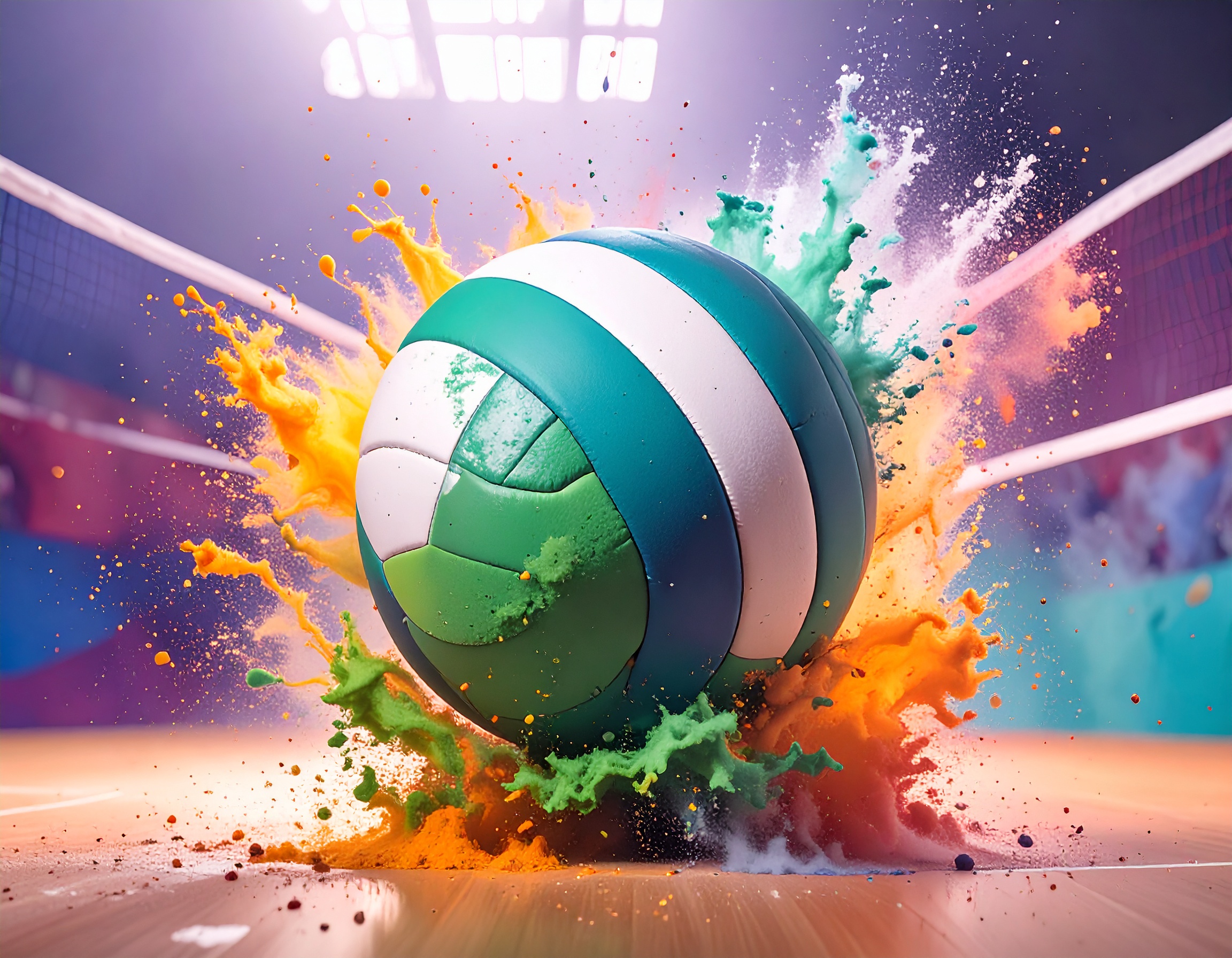 Green volleyball with yellow and green paint on court